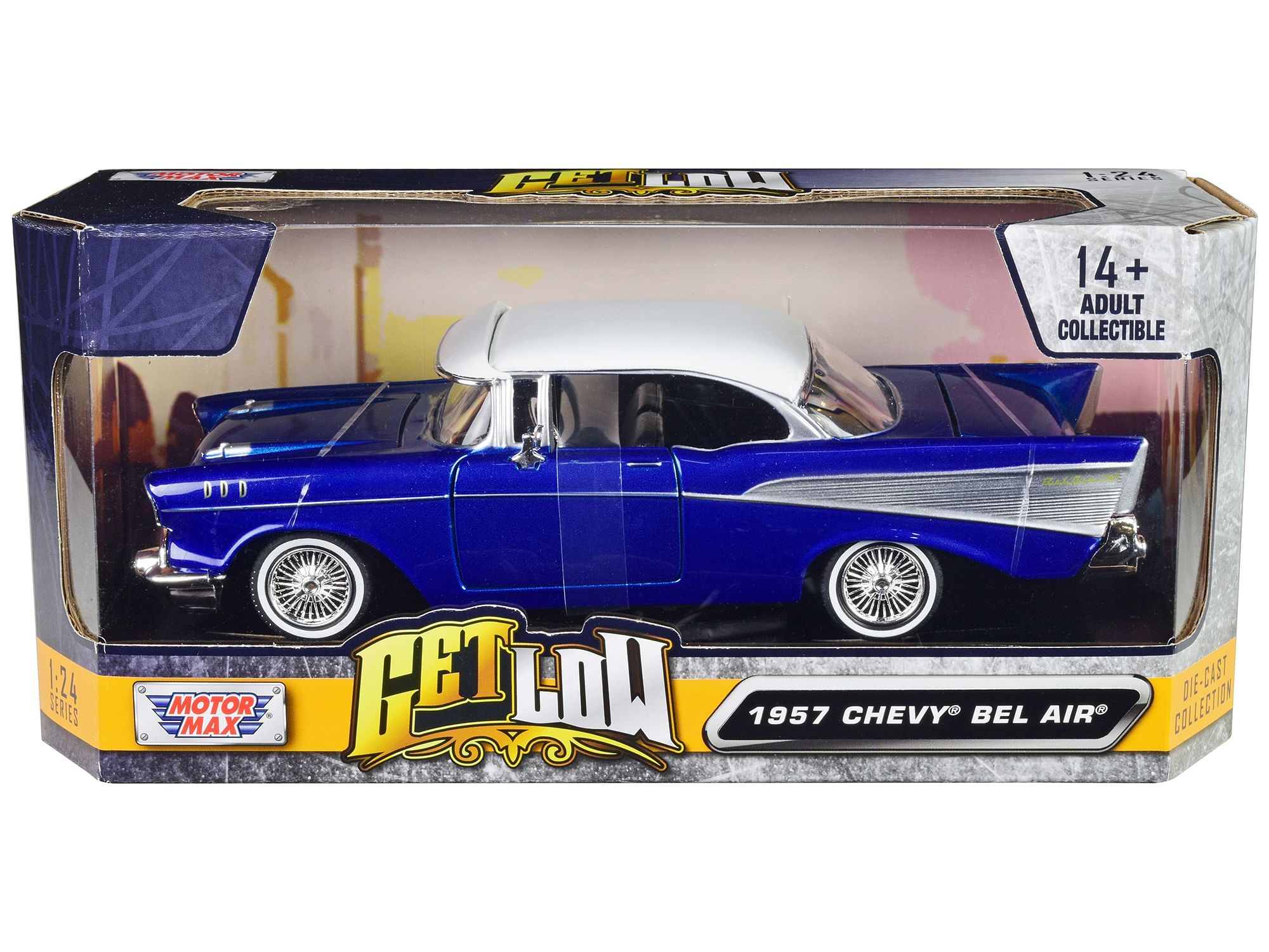 1957 Chevrolet Bel Air Lowrider Candy Blue with White Top “Get Low” Series 1/24 Diecast Model Car by Motormax