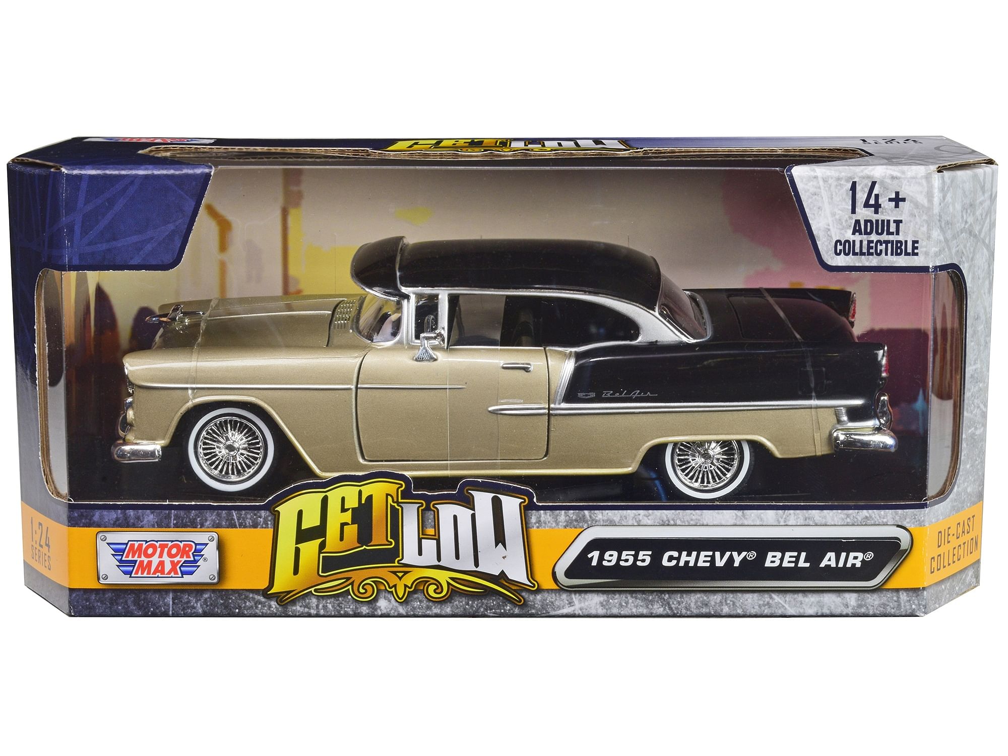 1955 Chevrolet Bel Air Lowrider Hard Top Beige Metallic and Black “Get Low” Series 1/24 Diecast Car Model by Motormax