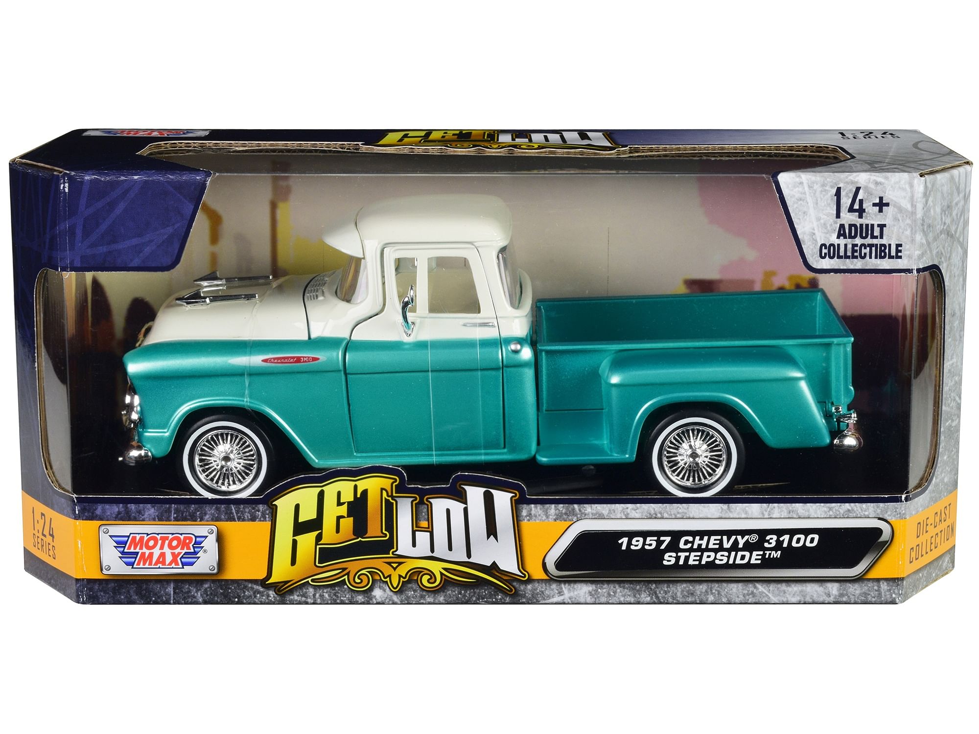 1957 Chevrolet 3100 Stepside Pickup Truck Lowrider Turquoise Metallic and White with White Interior “Get Low” Series 1/24 Diecast Model Car by Motormax