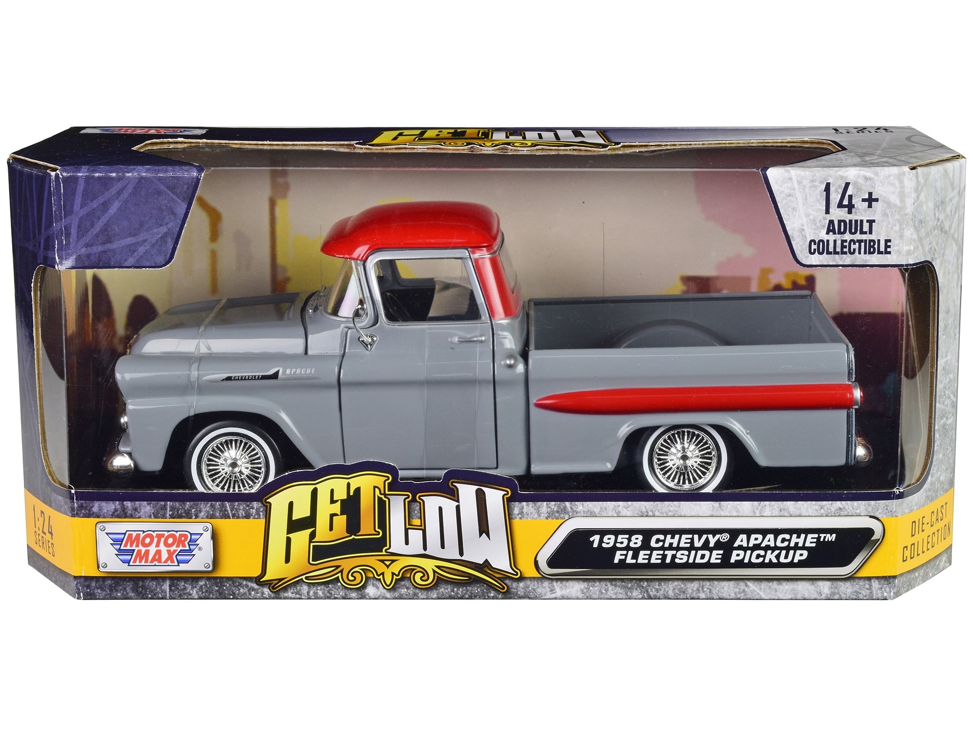 1958 Chevrolet Apache Fleetside Pickup Truck Lowrider Gray with Red Top “Get Low” Series 1/24 Diecast Model Car by Motormax