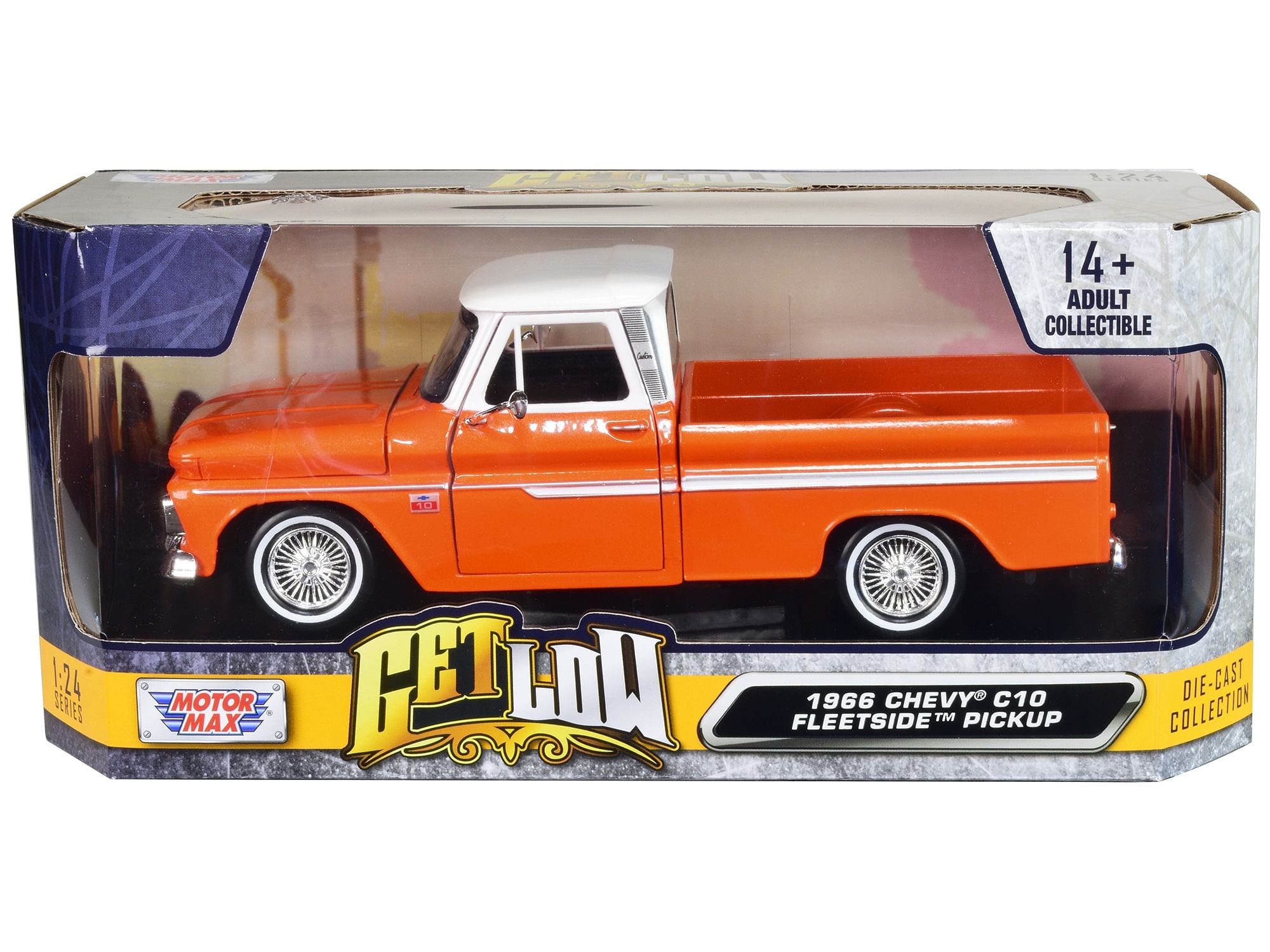 1966 Chevrolet C10 Fleetside Pickup Truck Lowrider Orange Metallic with White Top “Get Low” Series 1/24 Diecast Model Car by Motormax