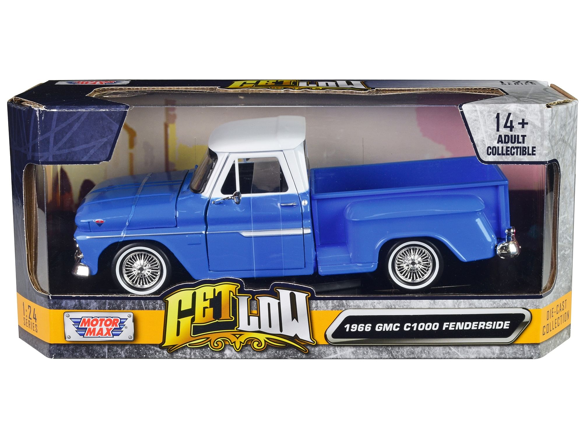 1966 GMC C1000 Fenderside Pickup Truck Lowrider Blue with White Top “Get Low” Series 1/24 Diecast Model Car by Motormax