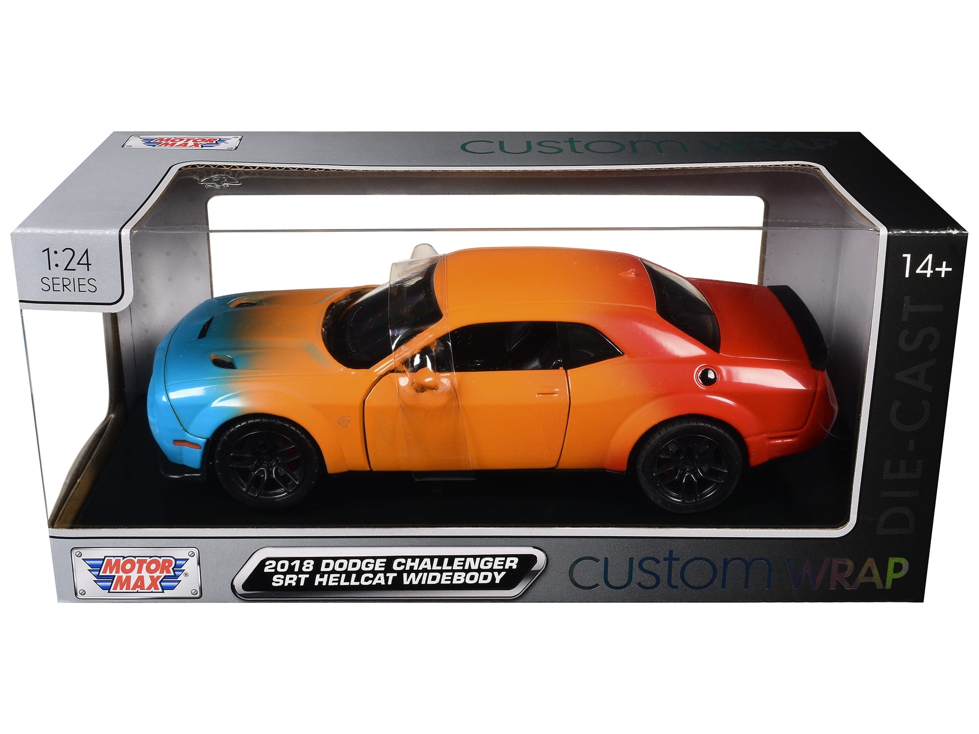 2018 Dodge Challenger SRT Hellcat Widebody Blue Orange and Red Gradient "Custom Wrap" Series 1/24 Diecast Model Car by Motormax