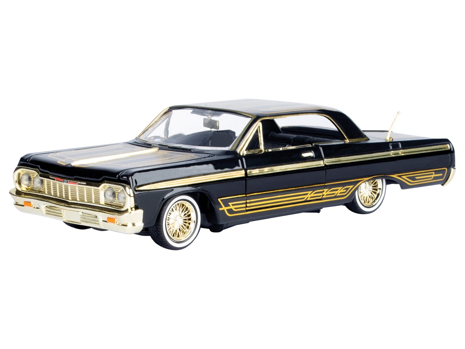 1964 Chevrolet Impala Lowrider Black with Gold Graphics and Wheels "Midnight Eclipse" Series 1/24 Diecast Model Car by Motormax - Image 2