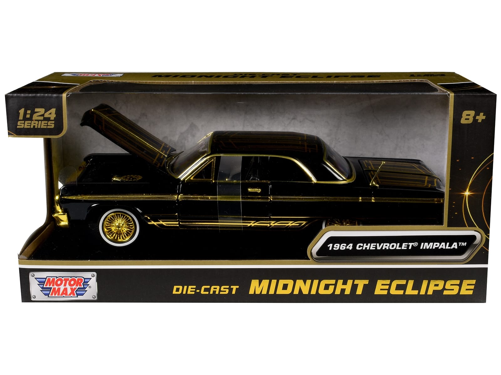 1964 Chevrolet Impala Lowrider Black with Gold Graphics and Wheels "Midnight Eclipse" Series 1/24 Diecast Model Car by Motormax - Image 3