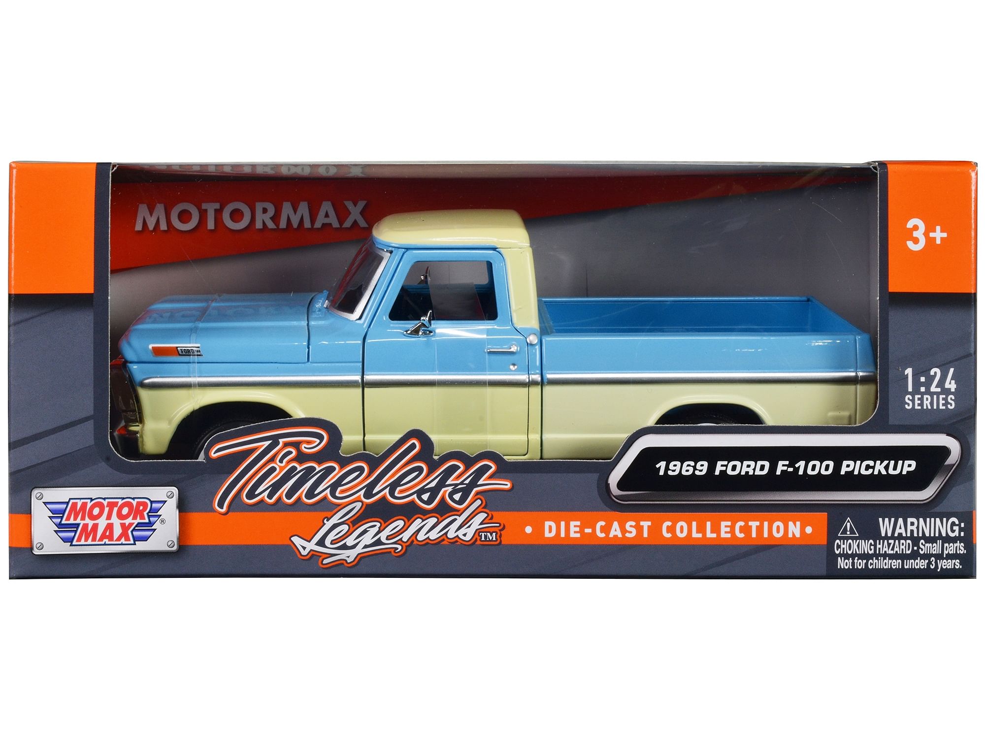 1969 Ford F-100 Pickup Truck Light Blue and Cream “Timeless Legends” Series 1/24 Diecast Model Car by Motormax