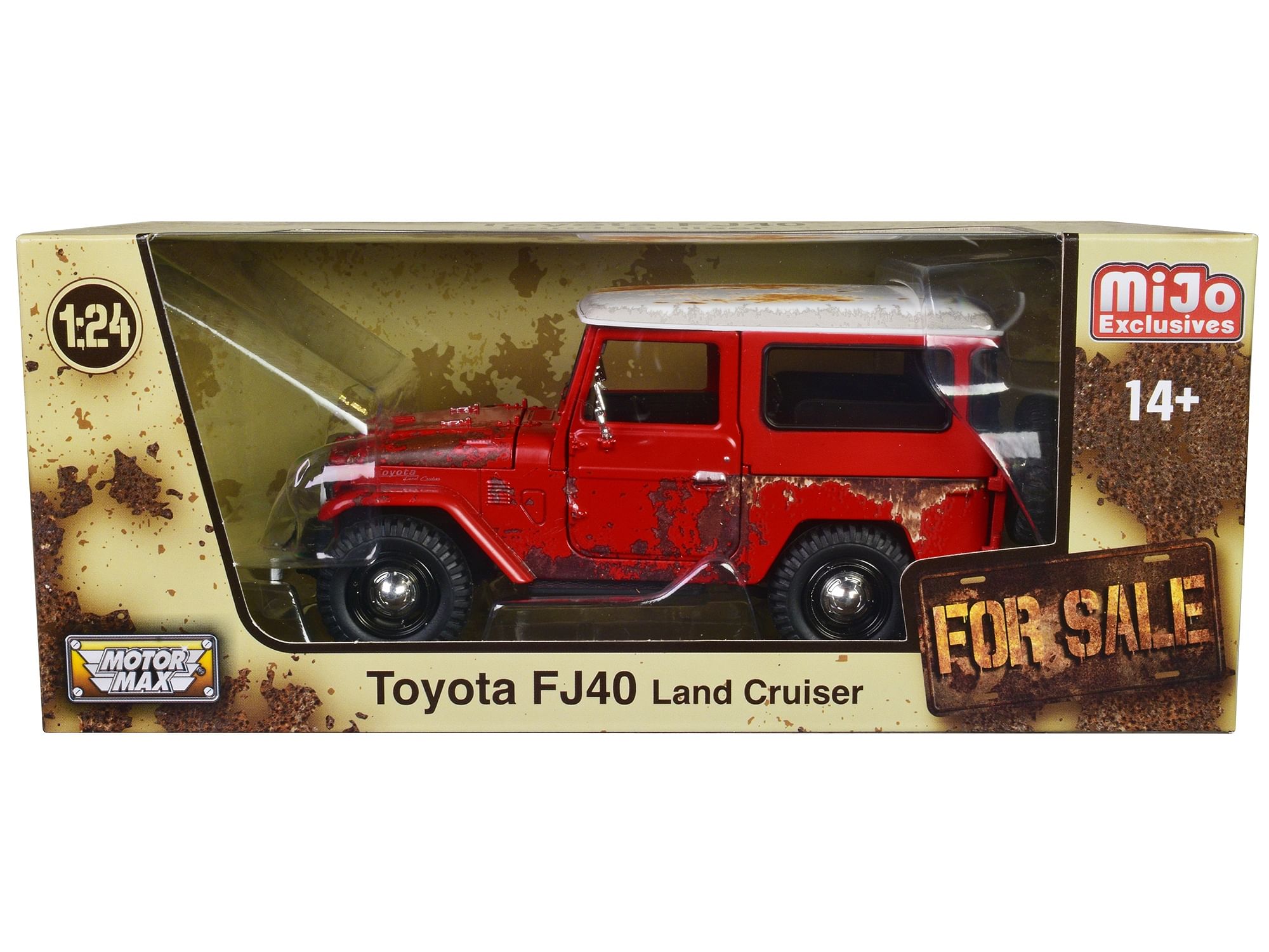 Toyota FJ40 Land Cruiser Red with White Top (Rusted Version) “For Sale” Series 1/24 Diecast Model Car by Motormax