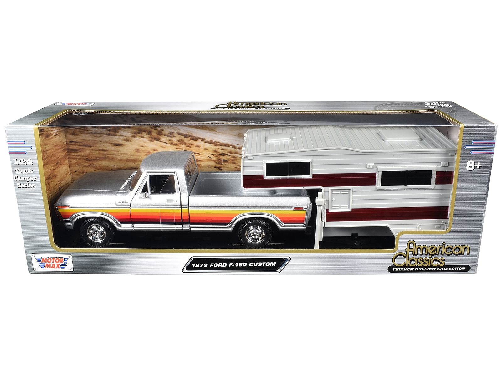 1979 Ford F-150 Custom Pickup Truck Silver Metallic with Side Stripes with Camper Shell "American Classics" Series 1/24 Diecast Model Car by Motormax