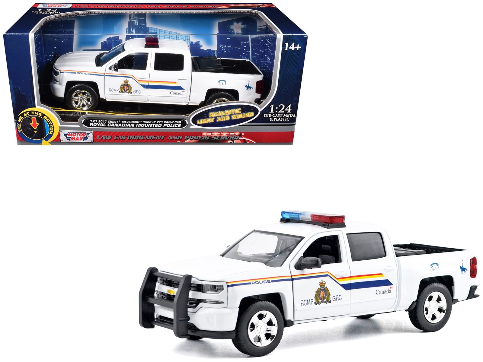 2017 Chevrolet Silverado 1500 LT Z71 Crew Cab Pickup Truck "Royal Canadian Mounted Police" White with Flashing Light Bar and Front and Rear Lights and Sounds "Law Enforcement and Public Service" Series 1/27 Diecast Model Car by Motormax