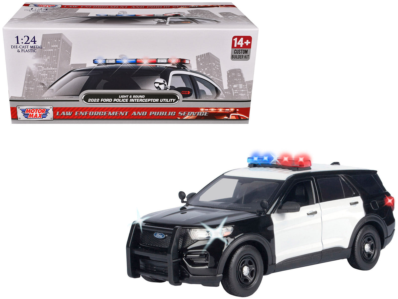 2022 Ford Police Interceptor Utility Black and White "Builder's Kit" with Flashing Light Bar and Front and Rear Lights and Sounds 1/24 Diecast Model Car by Motormax - Image 2