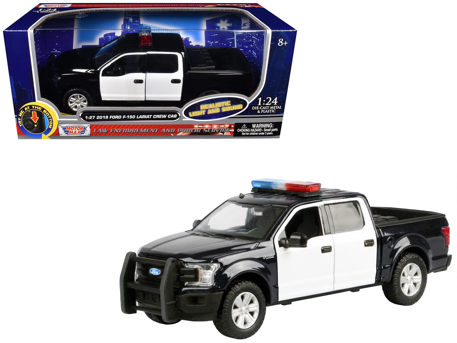 2019 Ford F-150 Lariat Crew Cab Pickup Truck Black and White with Flashing Light Bar and Front and Rear Lights and Sounds 1/27 Diecast Model Car by Motormax