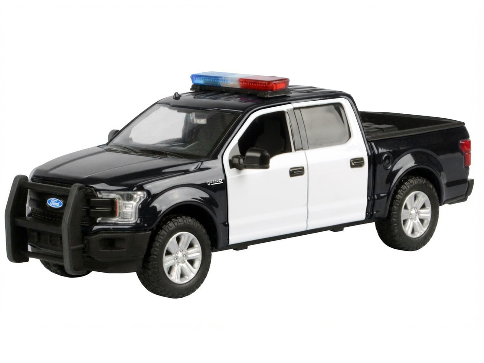 2019 Ford F-150 Lariat Crew Cab Pickup Truck Black and White with Flashing Light Bar and Front and Rear Lights and Sounds 1/27 Diecast Model Car by Motormax - Image 2