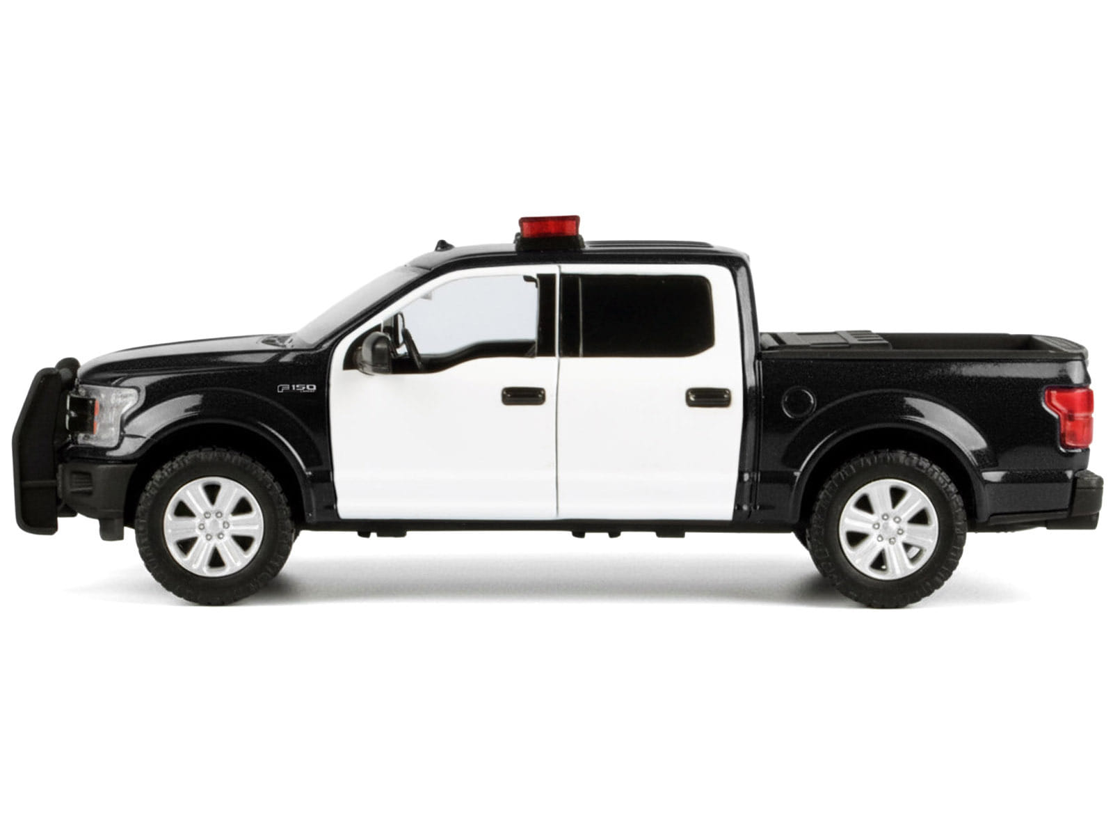 2019 Ford F-150 Lariat Crew Cab Pickup Truck Black and White with Flashing Light Bar and Front and Rear Lights and Sounds 1/27 Diecast Model Car by Motormax - Image 3