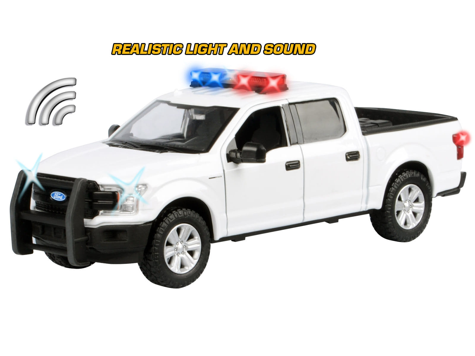 2019 Ford F-150 Lariat Crew Cab Pickup Truck White with Flashing Light Bar and Front and Rear Lights and Sounds 1/27 Diecast Model Car by Motormax - Image 3