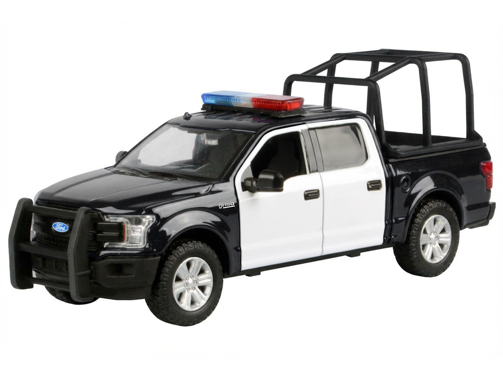 2019 Ford F-150 Lariat Crew Cab Pickup Truck with Bed Cage Black and White with Flashing Light Bar and Front and Rear Lights and Sounds 1/27 Diecast Model Car by Motormax - Image 2