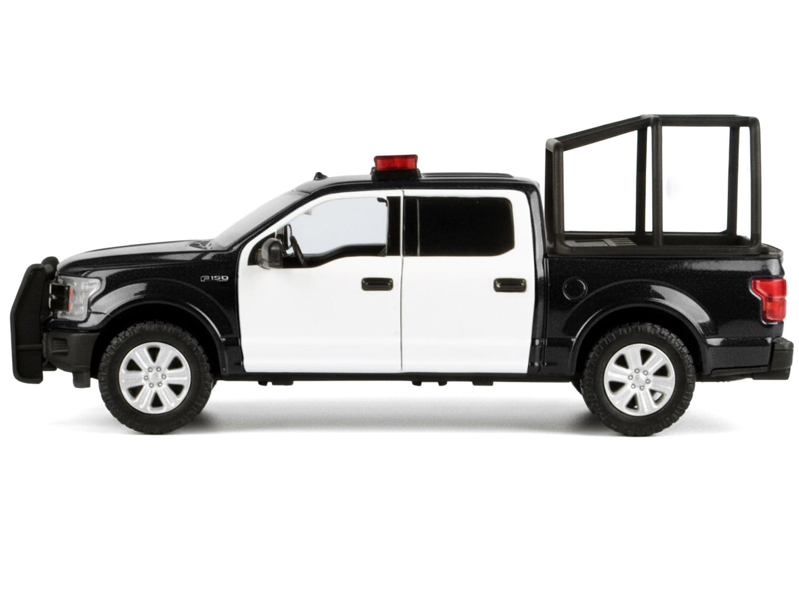 2019 Ford F-150 Lariat Crew Cab Pickup Truck with Bed Cage Black and White with Flashing Light Bar and Front and Rear Lights and Sounds 1/27 Diecast Model Car by Motormax - Image 3