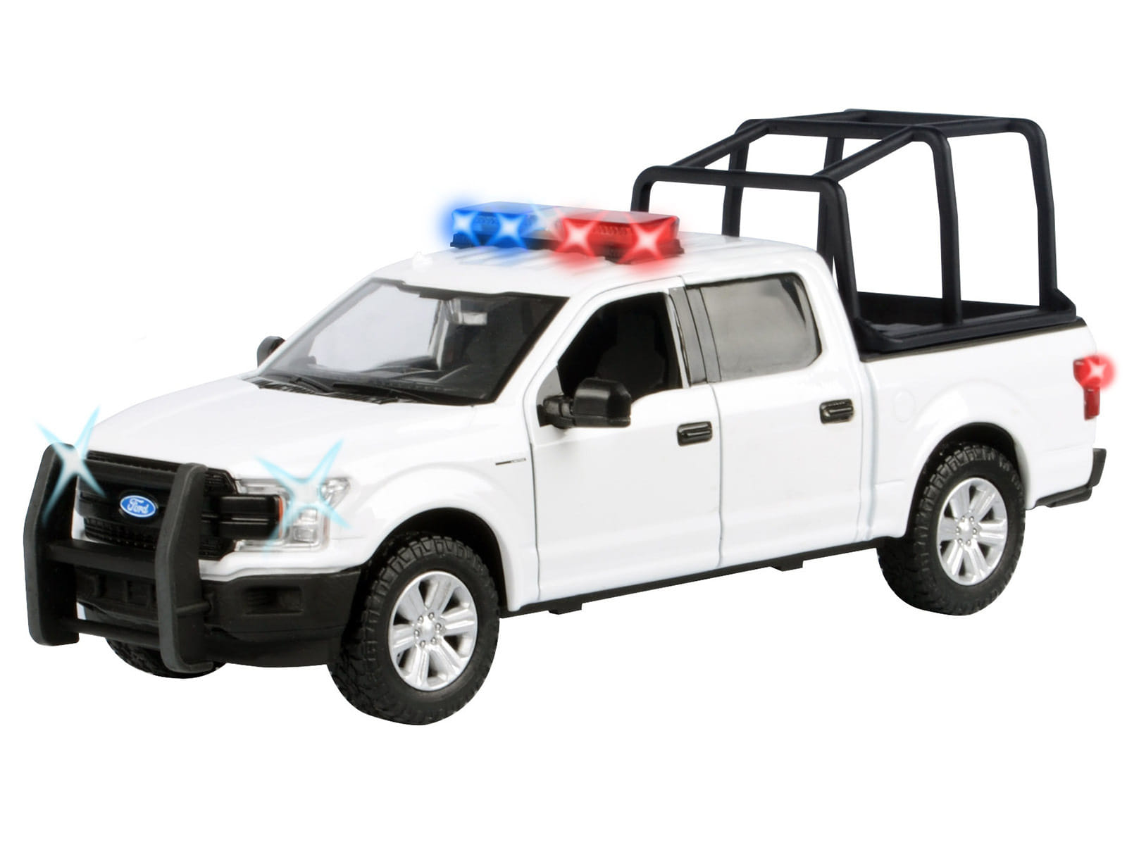 2019 Ford F-150 Lariat Crew Cab Pickup Truck with Bed Cage White with Flashing Light Bar and Front and Rear Lights and Sounds 1/27 Diecast Model Car by Motormax - Image 2