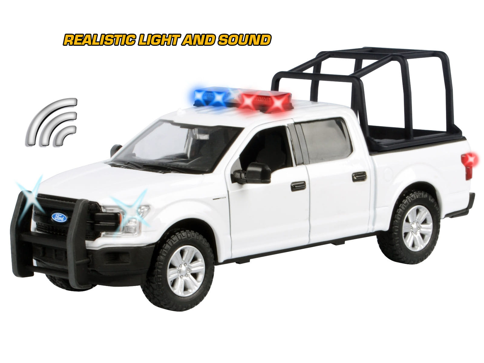 2019 Ford F-150 Lariat Crew Cab Pickup Truck with Bed Cage White with Flashing Light Bar and Front and Rear Lights and Sounds 1/27 Diecast Model Car by Motormax - Image 3
