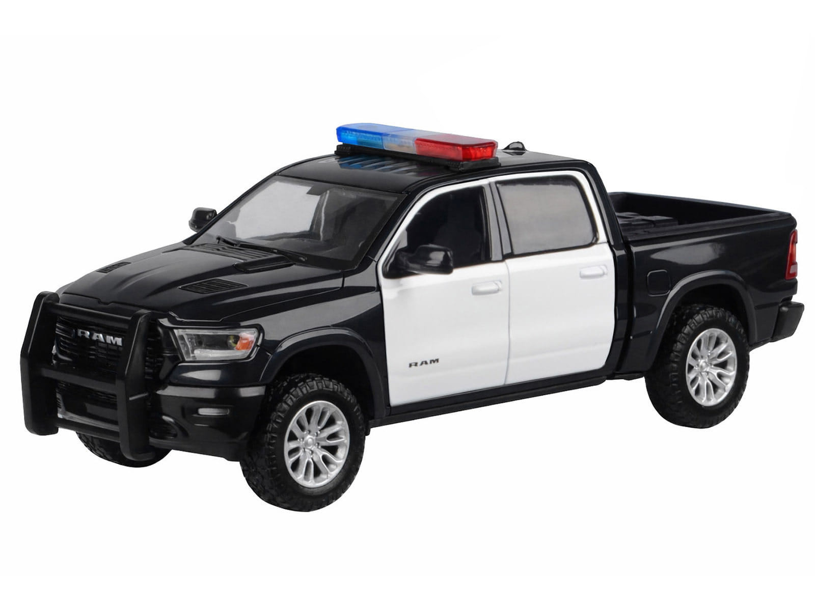 2019 RAM 1500 Laramie Crew Cab Pickup Truck Black and White with Flashing Light Bar and Front and Rear Lights and Sounds 1/27 Diecast Model Car by Motormax - Image 2