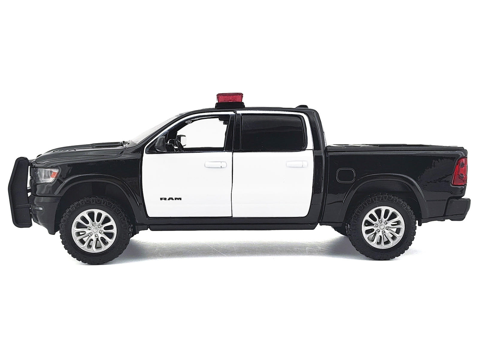 2019 RAM 1500 Laramie Crew Cab Pickup Truck Black and White with Flashing Light Bar and Front and Rear Lights and Sounds 1/27 Diecast Model Car by Motormax - Image 3