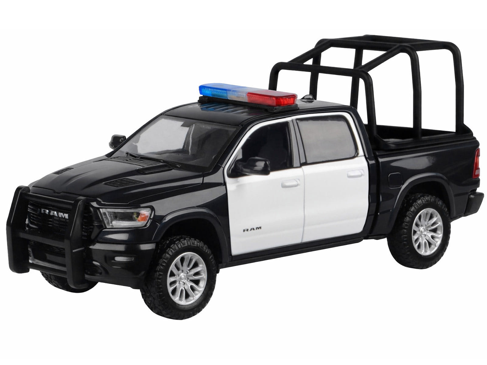 2019 RAM 1500 Laramie Crew Cab Pickup Truck with Bed Cage Black and White with Flashing Light Bar and Front and Rear Lights and Sounds 1/27 Diecast Model Car by Motormax - Image 2