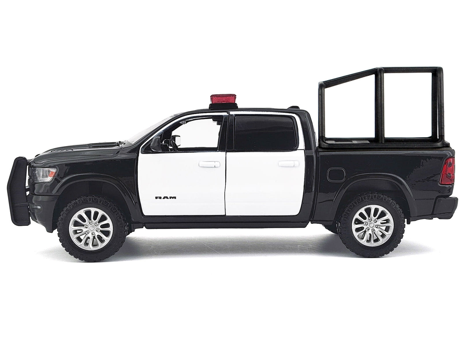 2019 RAM 1500 Laramie Crew Cab Pickup Truck with Bed Cage Black and White with Flashing Light Bar and Front and Rear Lights and Sounds 1/27 Diecast Model Car by Motormax - Image 3