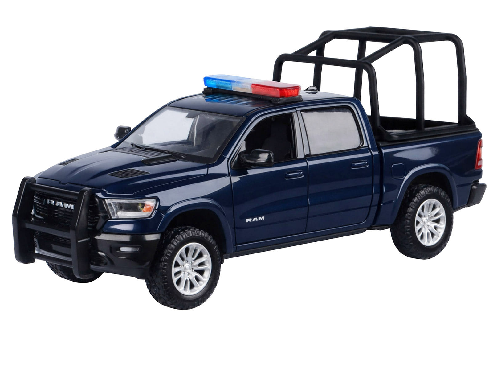 2019 RAM 1500 Laramie Crew Cab Pickup Truck with Bed Cage Dark Blue with Flashing Light Bar and Front and Rear Lights and Sounds 1/27 Diecast Model Car by Motormax - Image 2