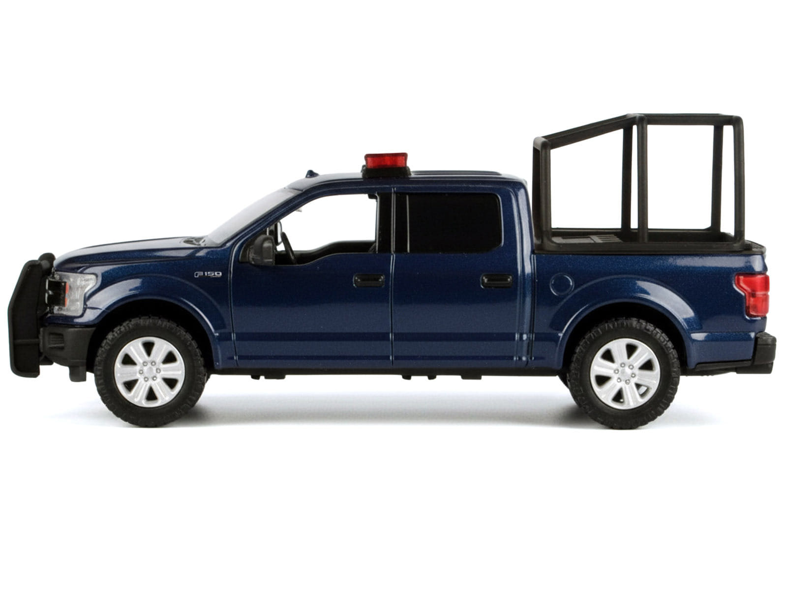 2019 RAM 1500 Laramie Crew Cab Pickup Truck with Bed Cage Dark Blue with Flashing Light Bar and Front and Rear Lights and Sounds 1/27 Diecast Model Car by Motormax - Image 3