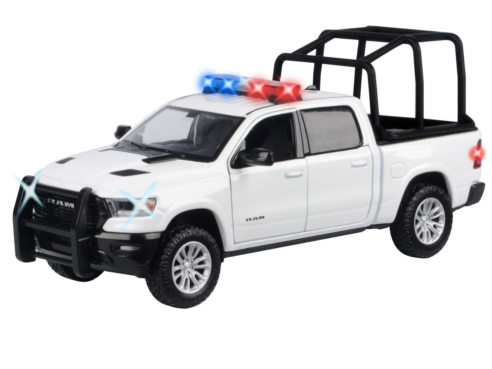 2019 RAM 1500 Laramie Crew Cab Pickup Truck with Bed Cage White with Flashing Light Bar and Front and Rear Lights and Sounds 1/27 Diecast Model Car by Motormax - Image 2