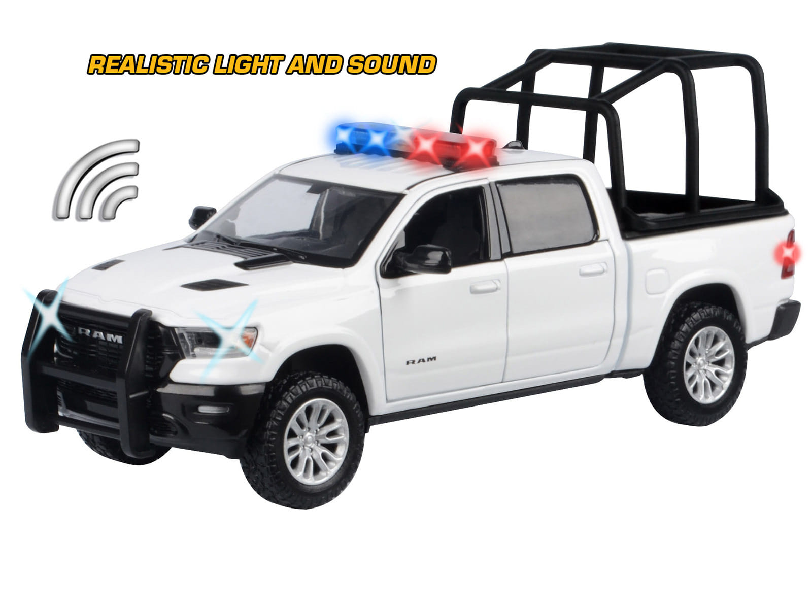 2019 RAM 1500 Laramie Crew Cab Pickup Truck with Bed Cage White with Flashing Light Bar and Front and Rear Lights and Sounds 1/27 Diecast Model Car by Motormax - Image 3