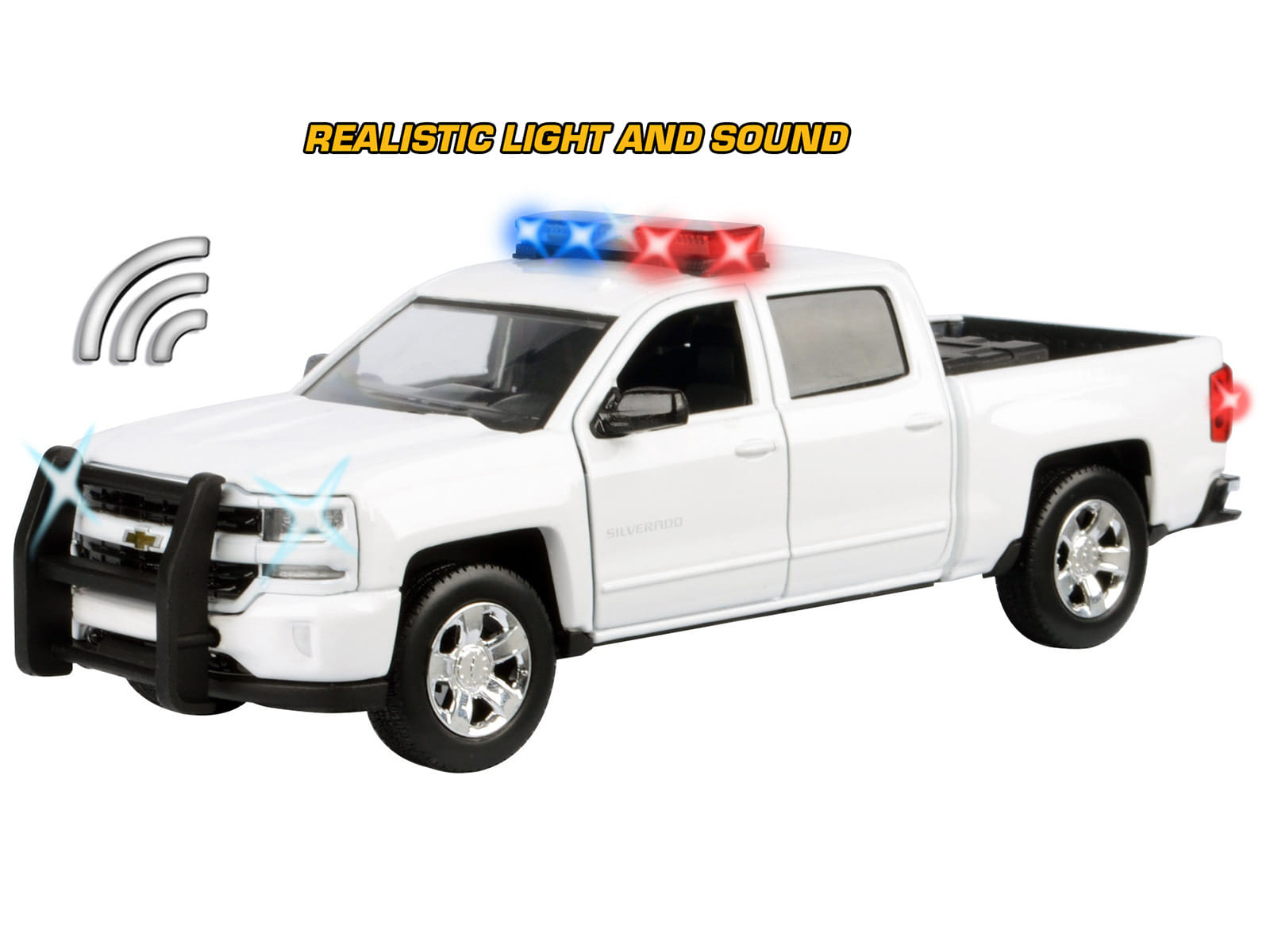 2017 Chevrolet Silverado 1500 LT Z71 Crew Cab Pickup Truck White with Flashing Light Bar and Front and Rear Lights and Sounds 1/27 Diecast Model Car by Motormax - Image 3