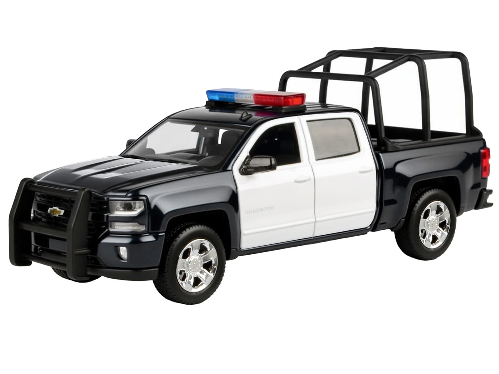 2017 Chevrolet Silverado 1500 LT Z71 Crew Cab Pickup Truck with Bed Cage Black and White with Flashing Light Bar and Front and Rear Lights and Sounds 1/27 Diecast Model Car by Motormax - Image 2