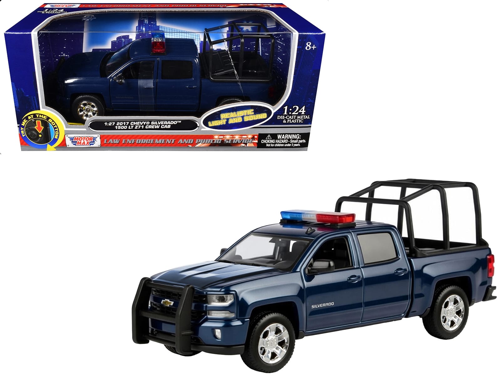 2017 Chevrolet Silverado 1500 LT Z71 Crew Cab Pickup Truck with Bed Cage Dark Blue with Flashing Light Bar and Front and Rear Lights and Sounds 1/27 Diecast Model Car by Motormax