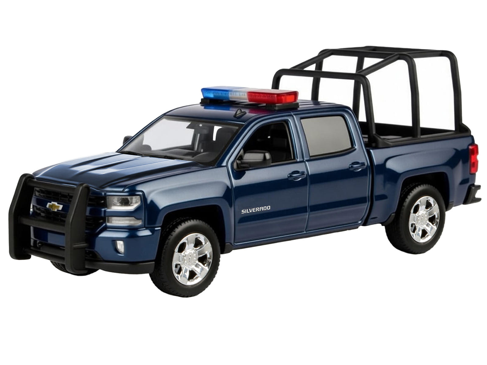 2017 Chevrolet Silverado 1500 LT Z71 Crew Cab Pickup Truck with Bed Cage Dark Blue with Flashing Light Bar and Front and Rear Lights and Sounds 1/27 Diecast Model Car by Motormax - Image 2