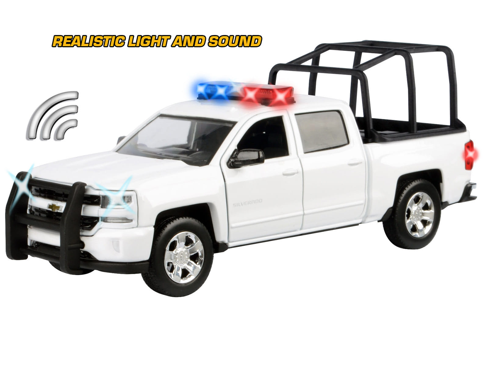 2017 Chevrolet Silverado 1500 LT Z71 Crew Cab Pickup Truck with White with Flashing Light Bar and Front and Rear Lights and Sounds 1/27 Diecast Model Car by Motormax - Image 3