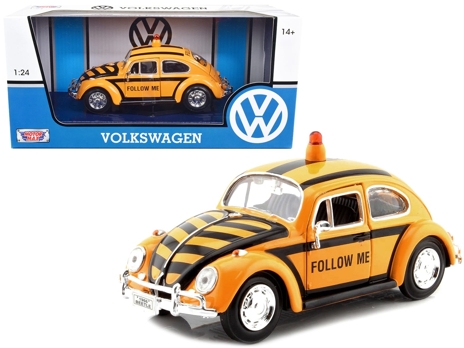 1966 Volkswagen Beetle "Follow Me" Airport Safety Vehicle Yellow with Black Stripes 1/24 Diecast Model Car by Motormax - Image 3