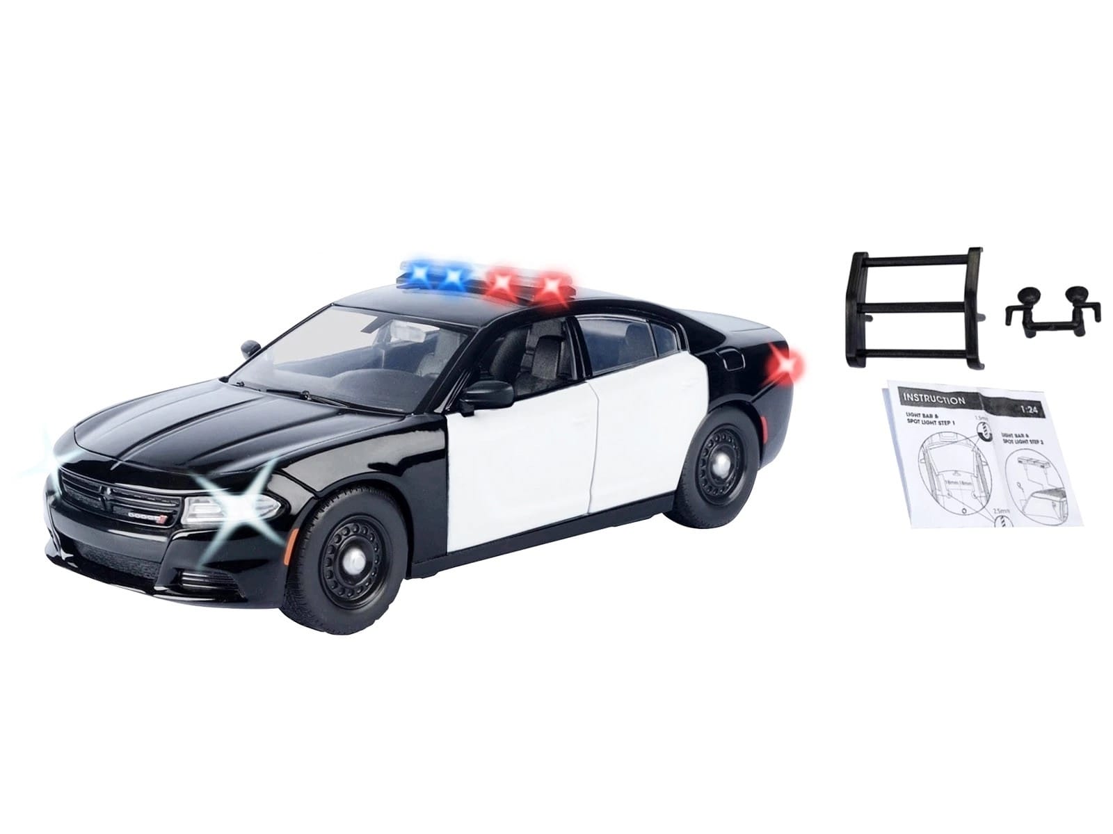 2023 Dodge Charger Pursuit Police Car Black and White with Flashing Light Bar Front and Rear Lights and 2 Sounds "Builder's Kit" 1/24 Diecast Model Car by Motormax - Image 3