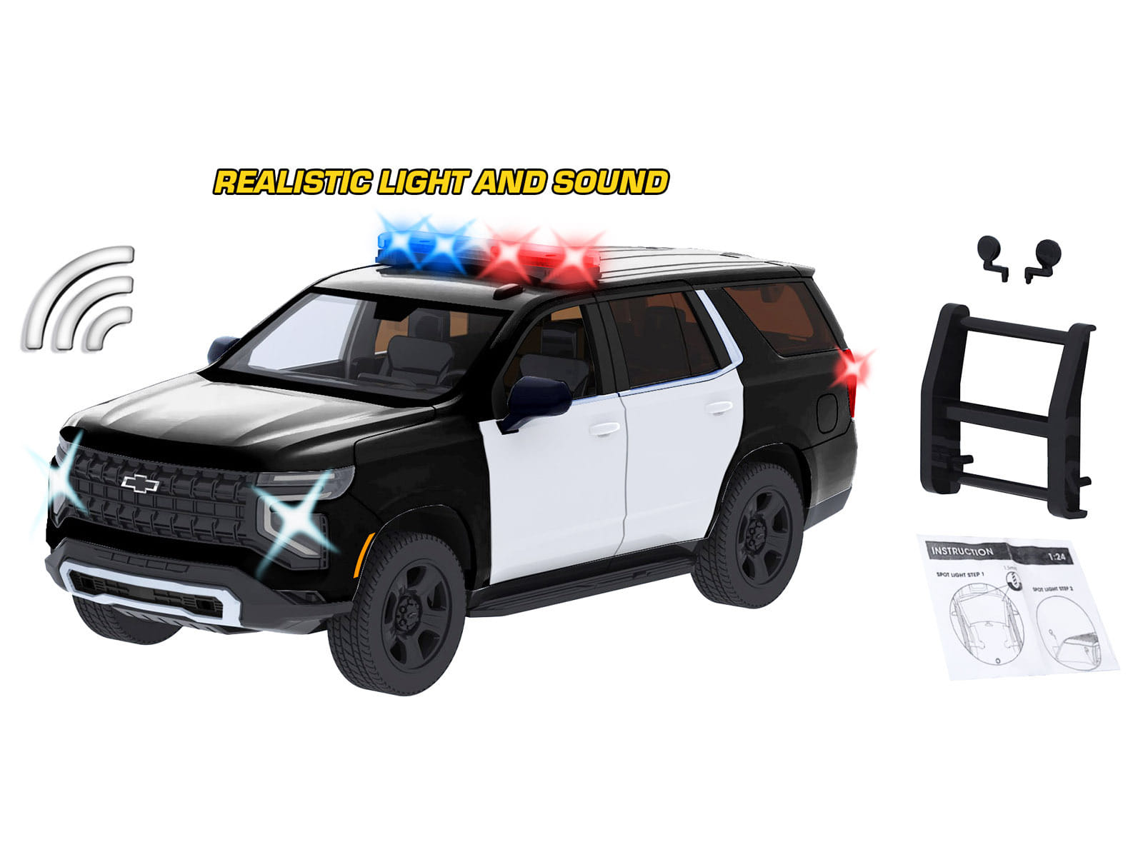 2025 Chevrolet Tahoe PPV Black and White "Builder's Kit" with Flashing Light Bar and Front and Rear Lights and Sounds 1/24 Diecast Model Car by Motormax - Image 3