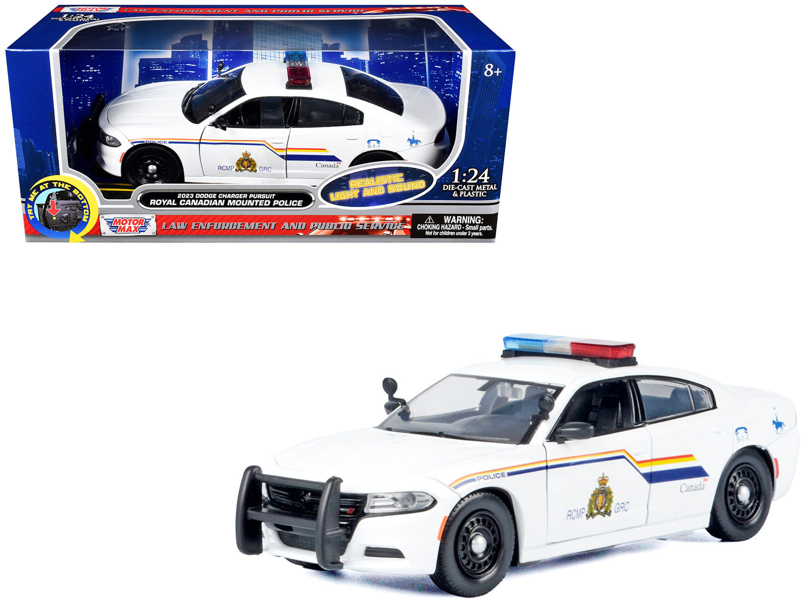 2023 Dodge Charger Pursuit Police Car "Royal Canadian Mounted Police (RCMP)" White with Flashing Light Bar and Front and Rear Lights and Sound 1/24 Diecast Model Car by Motormax