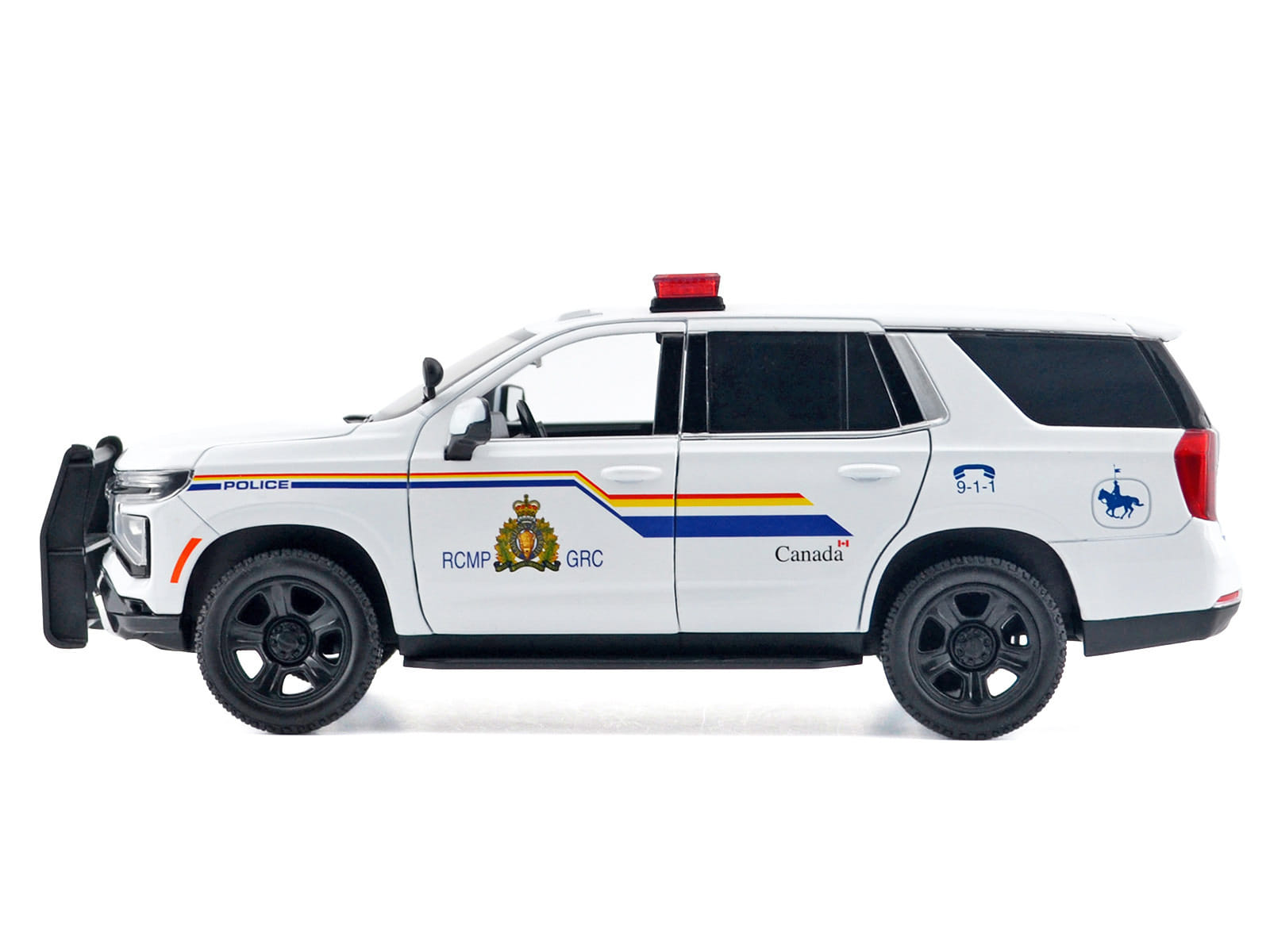 2025 Chevrolet Tahoe PPV "RCMP (Royal Canadian Mounted Police)" White with Stripes with Flashing Light Bar and Front and Rear Lights and Sounds 1/24 Diecast Model Car by Motormax - Image 2