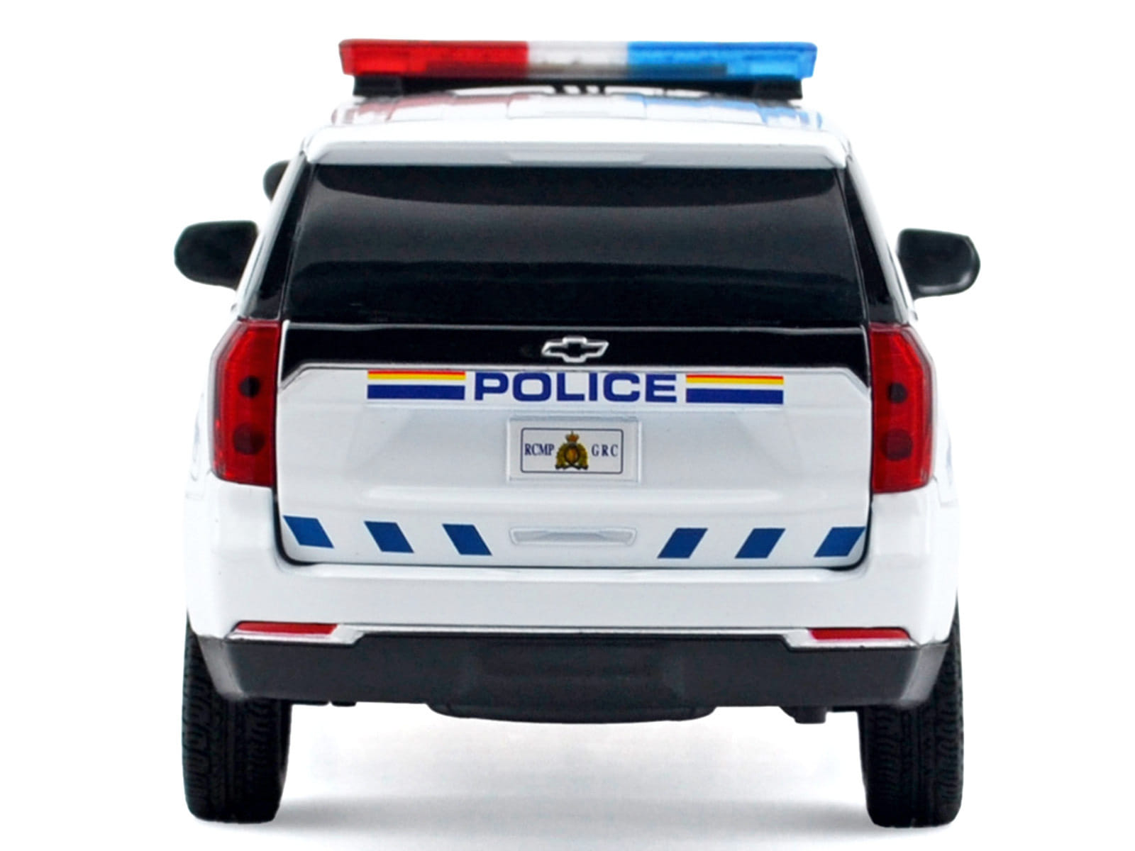 2025 Chevrolet Tahoe PPV "RCMP (Royal Canadian Mounted Police)" White with Stripes with Flashing Light Bar and Front and Rear Lights and Sounds 1/24 Diecast Model Car by Motormax - Image 3