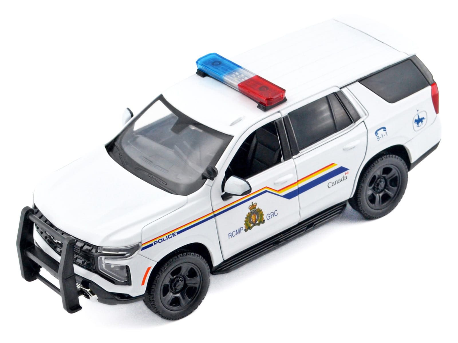2025 Chevrolet Tahoe PPV "RCMP (Royal Canadian Mounted Police)" White with Stripes with Flashing Light Bar and Front and Rear Lights and Sounds 1/24 Diecast Model Car by Motormax - Image 5