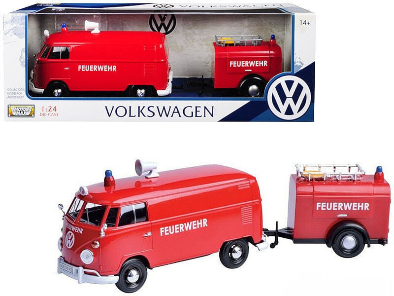 Volkswagen Type 2 (T1) Fire Van with Fire Fighting Trailer “Feuerwehr” Red 1/24 Diecast Model Car by Motormax