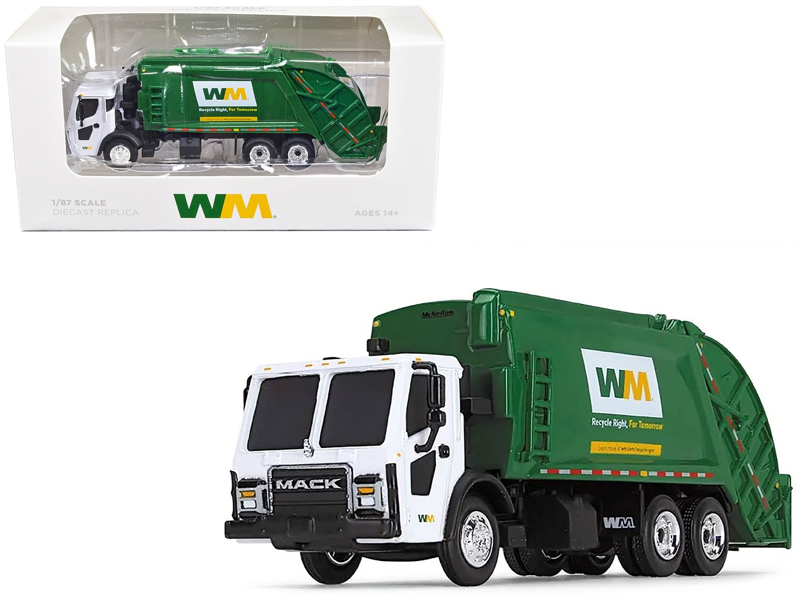 Mack LR Refuse Rear Load Garbage Truck “Waste Management” White and Green 1/87 (HO) Diecast Model by First Gear