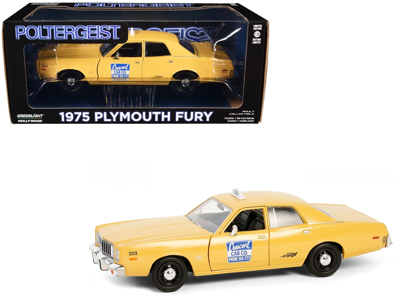 1975 Plymouth Fury Taxi "Crescent Cab Co." Yellow "Poltergeist" (1982) Movie "Hollywood" Series 20 1/24 Diecast Model Car by Greenlight - Image 2