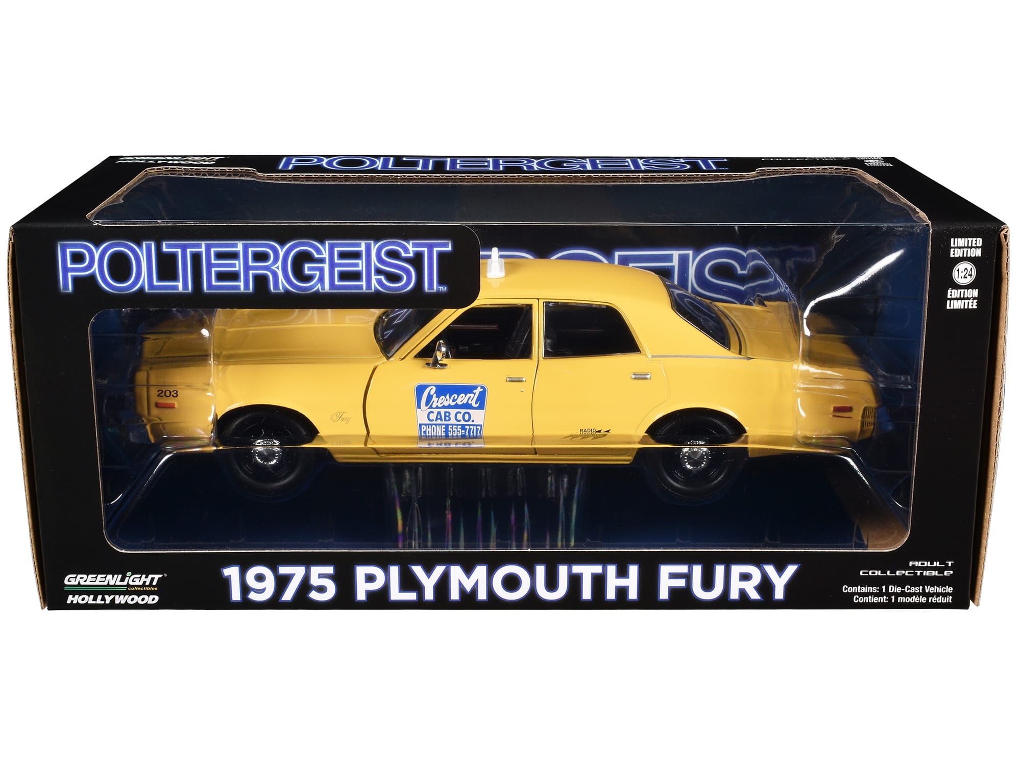 1975 Plymouth Fury Taxi "Crescent Cab Co." Yellow "Poltergeist" (1982) Movie "Hollywood" Series 20 1/24 Diecast Model Car by Greenlight - Image 3
