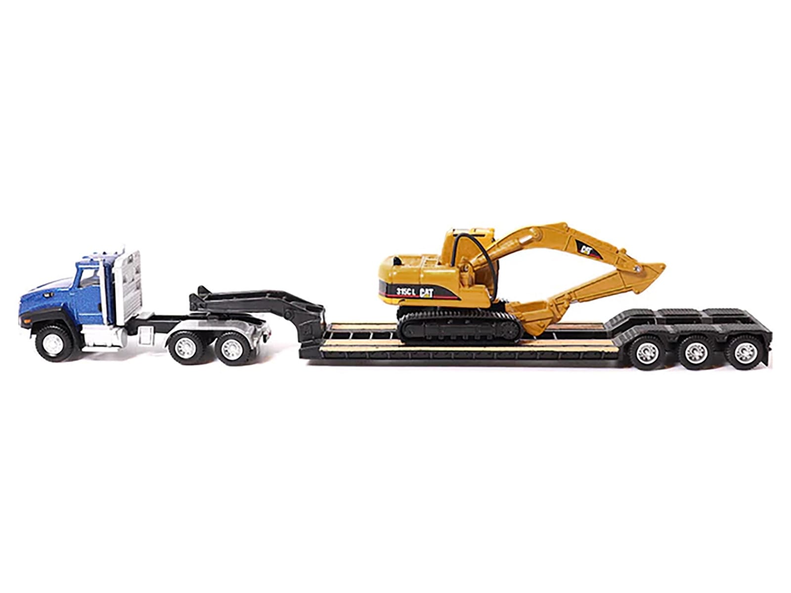 CAT Caterpillar CT660 Day Cab Tractor Blue Metallic with Lowboy Trailer and CAT 315C L Hydraulic Excavator Yellow 1/87 (HO) Diecast Model by Diecast Masters - Image 2