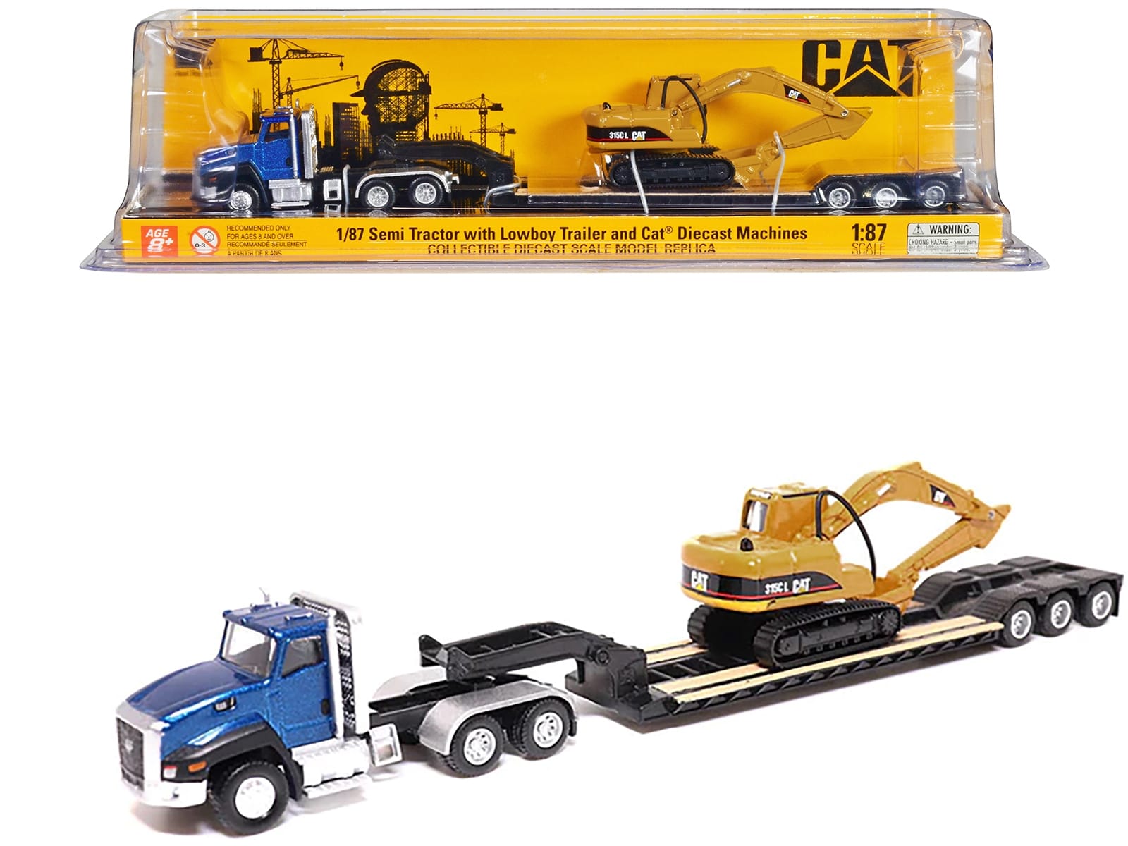 CAT Caterpillar CT660 Day Cab Tractor Blue Metallic with Lowboy Trailer and CAT 315C L Hydraulic Excavator Yellow 1/87 (HO) Diecast Model by Diecast Masters - Image 4