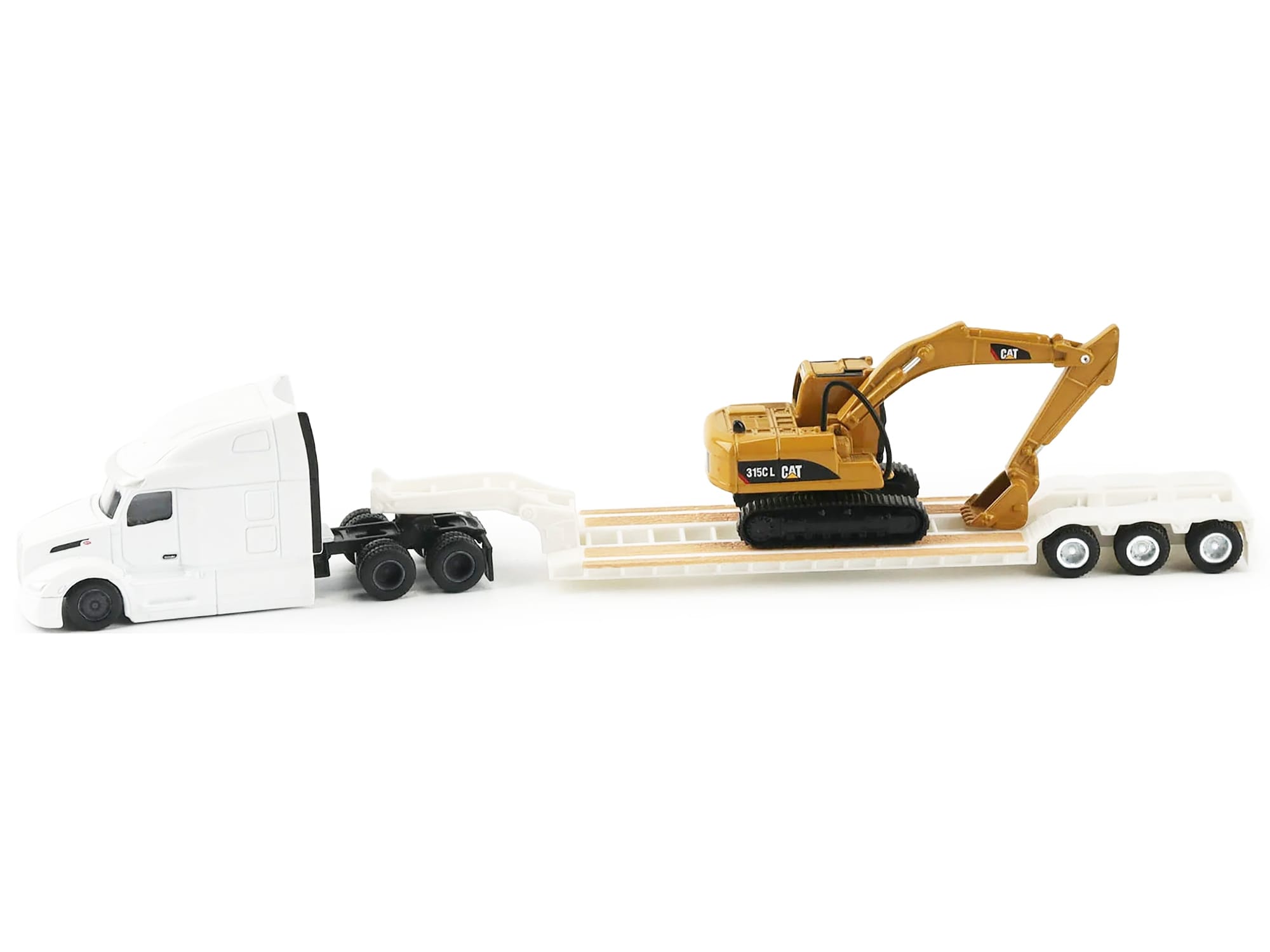 Peterbilt 579 Tractor White with Lowboy Trailer and CAT 315C Excavator Yellow 1/87 (HO) Diecast Model by Diecast Masters - Image 2