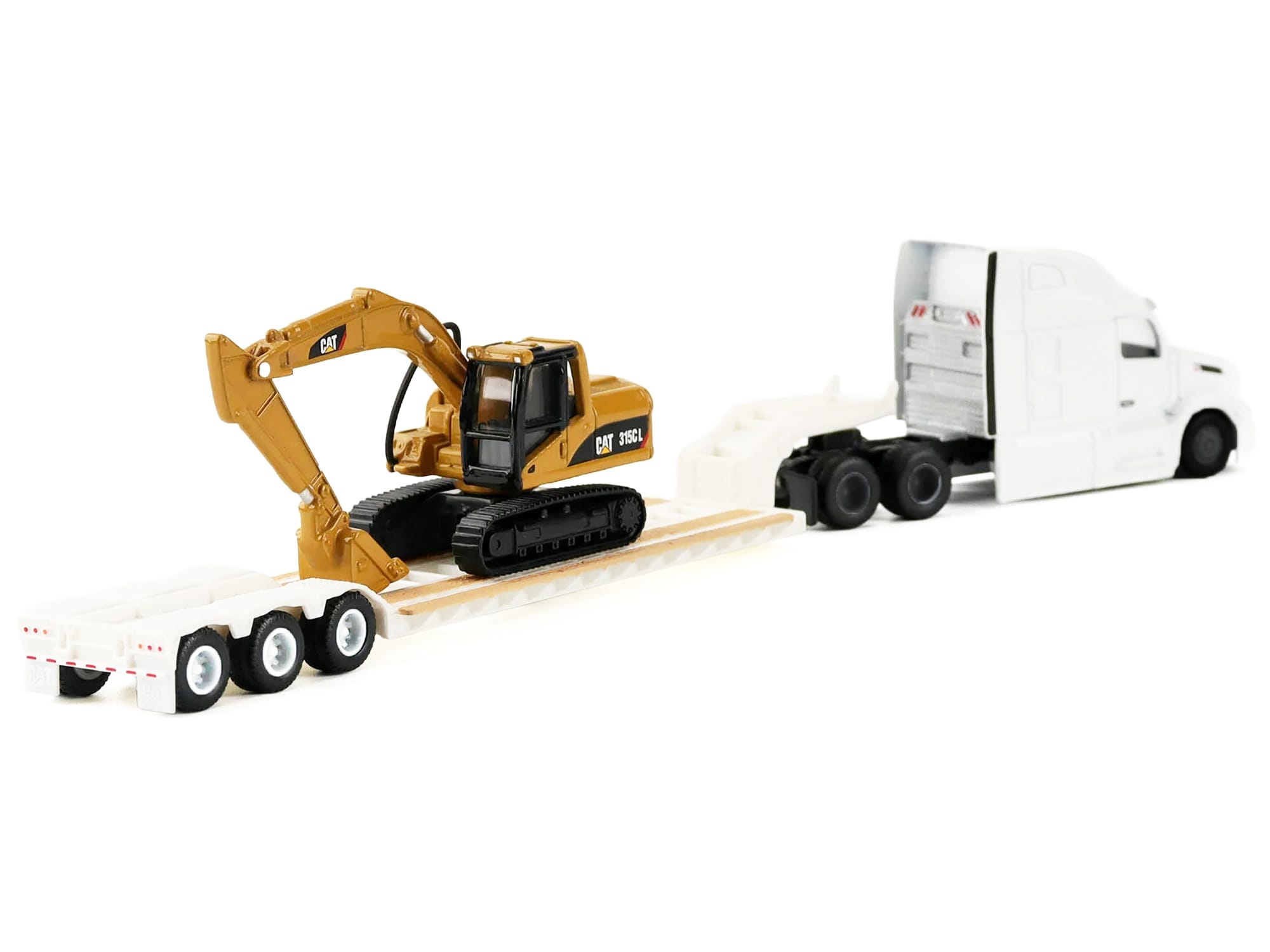 Peterbilt 579 Tractor White with Lowboy Trailer and CAT 315C Excavator Yellow 1/87 (HO) Diecast Model by Diecast Masters - Image 3